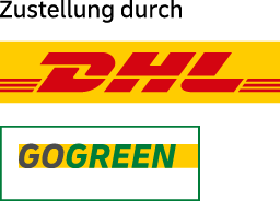 DHL Logo rot auf gelb mit GoGreen Schriftzug für nachhaltigen Versand